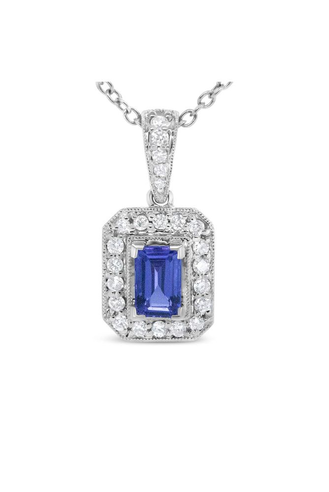 1/4 Cttw Round Diamond and 6x4mm Purple Tanzanite Halo Necklace